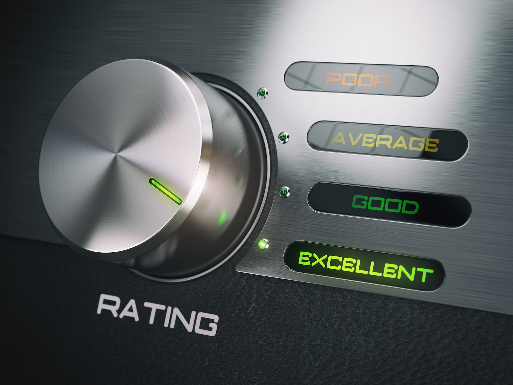 Level of quality service, satisfaction, customer loyalty concept. Knob in highest excellent position.