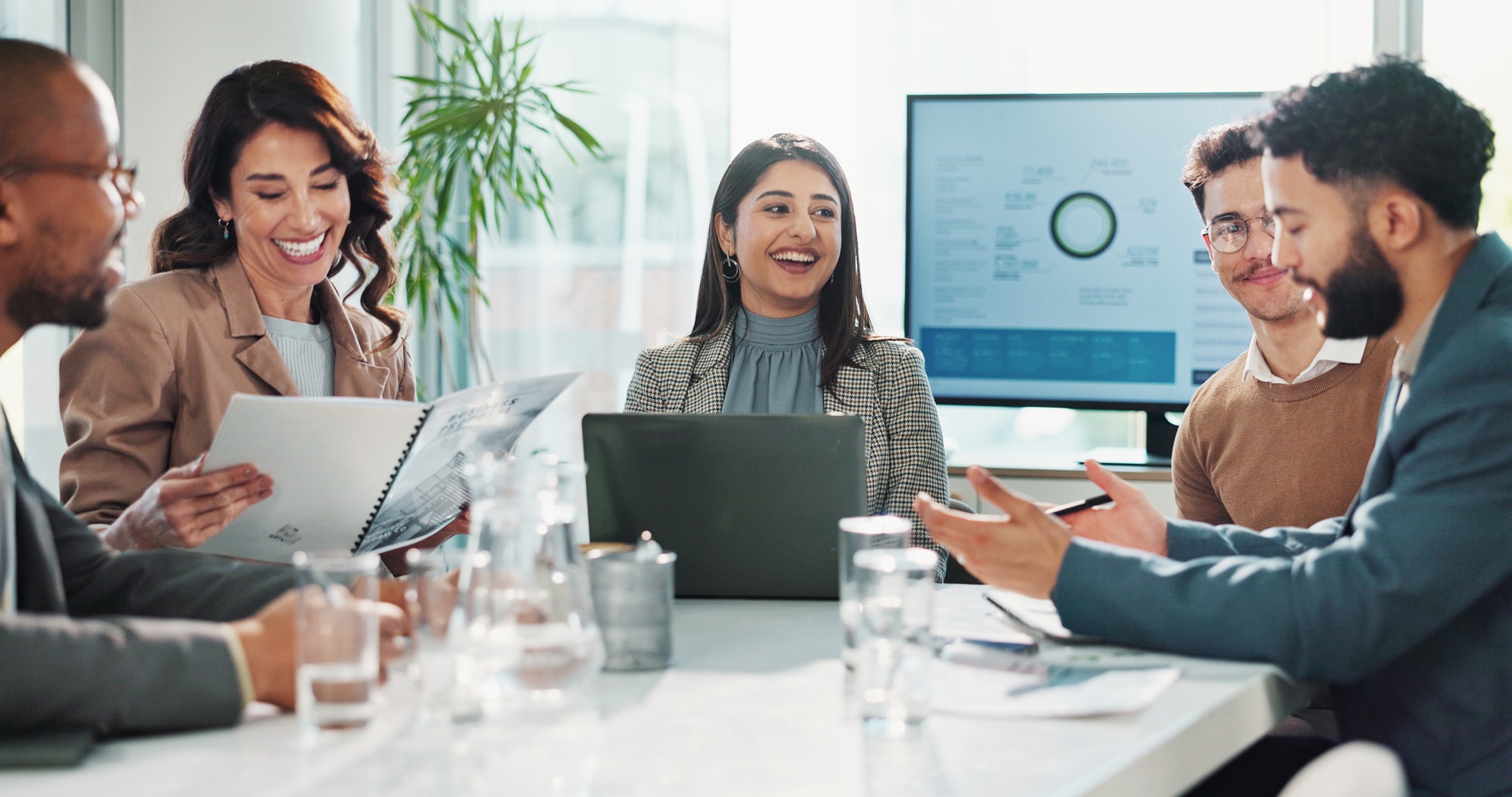 Happy, finance or business people meeting with project feedback, portfolio or teamwork. Revenue rep